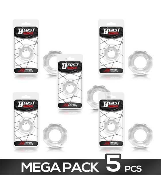 Pack 4+1 Anillo para el Pene Súper Flexible Poligonal 2.2 cm Transparente